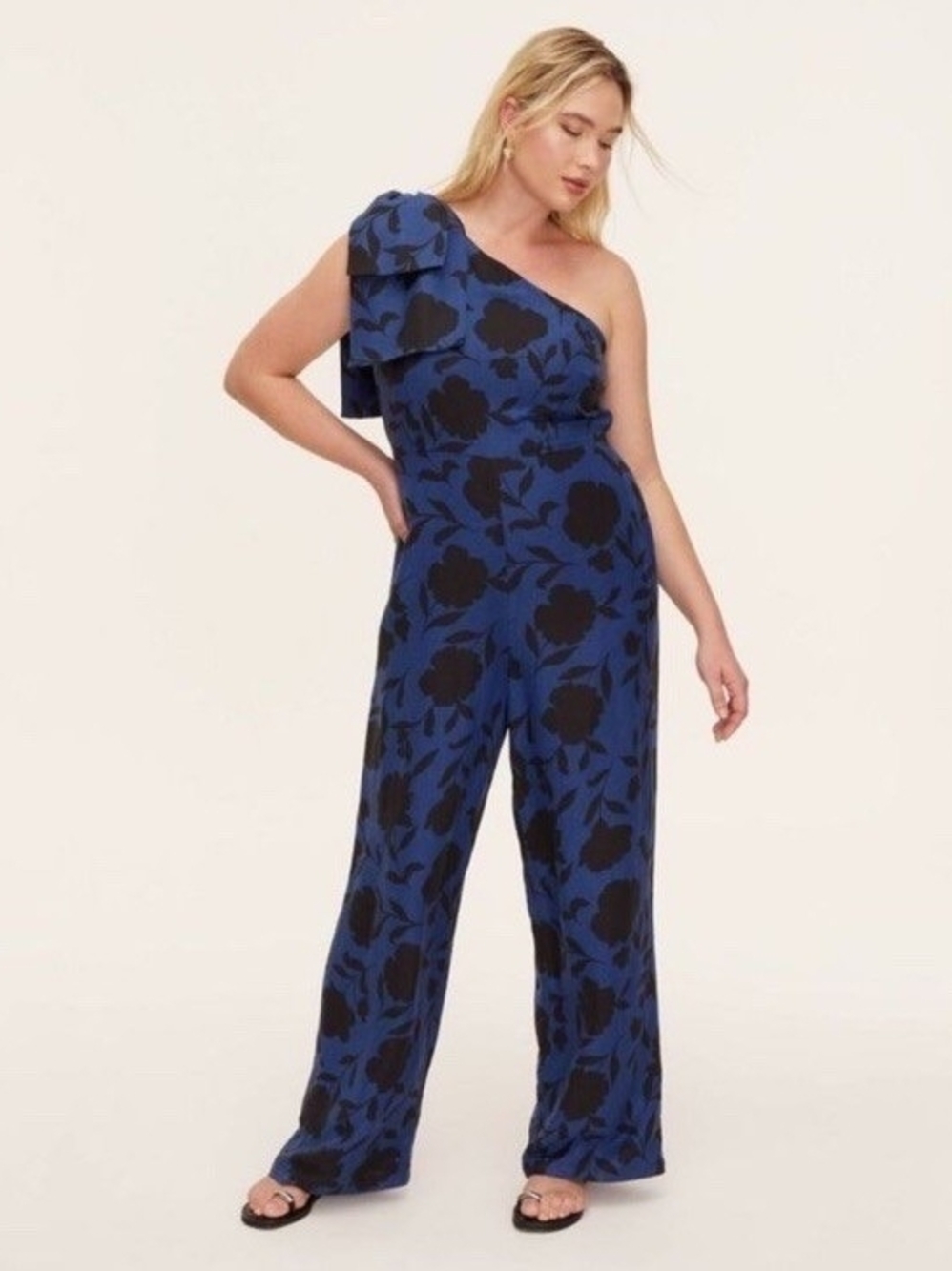 Kate Spade New York Target Blue Black Floral One Shoulder Bow Jumpsuit 12 Pocket